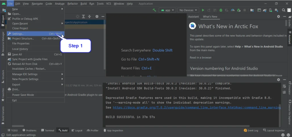 Android Studio Settings dialog with Plugins selected and the settings gear menu open to install a plugin from disk