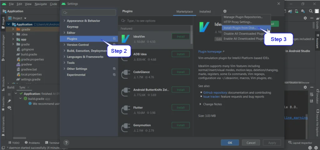 Android Studio Install Plugin from Disk file browser used to locate the RKTracer plugin JAR