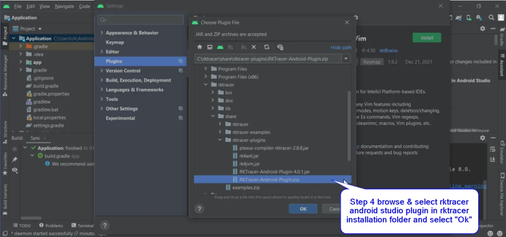 Selecting RKTracer-Android-Plugin.jar from the rktracer-plugins installation folder in Android Studio