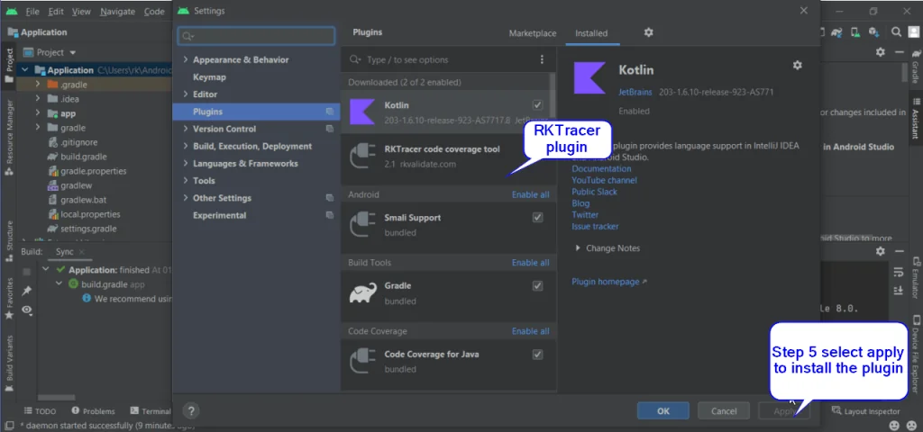 Android Studio confirming the RKTracer plugin is installed and prompting to restart the IDE