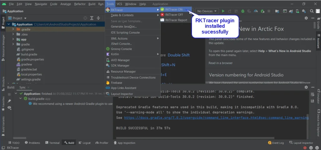 Android Studio Tools menu showing the RKTracer submenu with the coverage tool turned on and report options