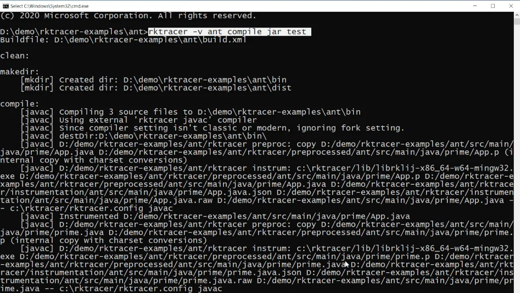 RKTracer instrumenting the ANT Java build after prefixing the rktracer command, showing the runtime library added and source files instrumented at compile time