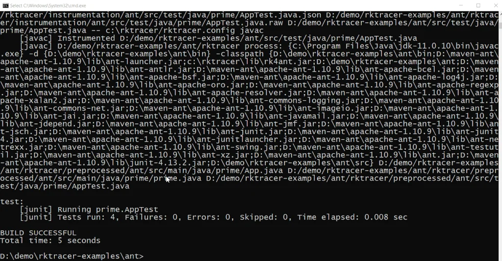Running unit and functional tests against the RKTracer-instrumented Java application, with coverage metrics being written to the rk-coverage.txt data file