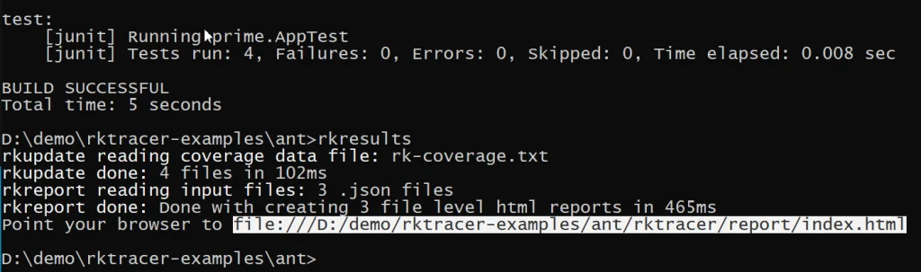 Running the rkresults command in the application root folder to map the rk-coverage.txt data against the instrumentation JSON files and build the HTML coverage report