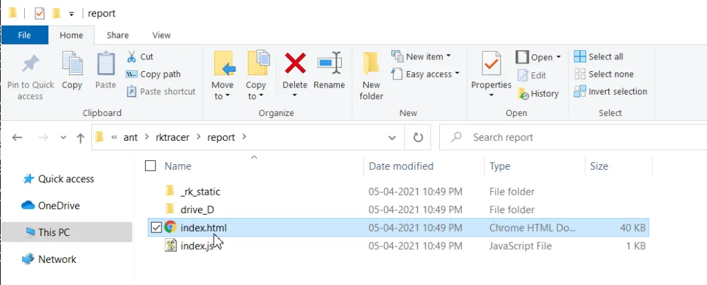 RKTracer HTML code coverage report for the ANT Java application showing function, line, statement and multi-condition coverage results