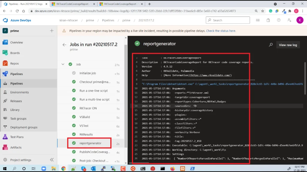 Azure DevOps pipeline run summary showing the completed RKTracer build and test job with code coverage published
