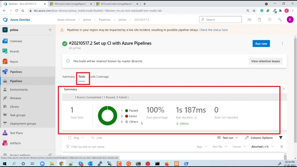 Azure DevOps test results tab listing the passed and failed unit tests from the instrumented RKTracer run