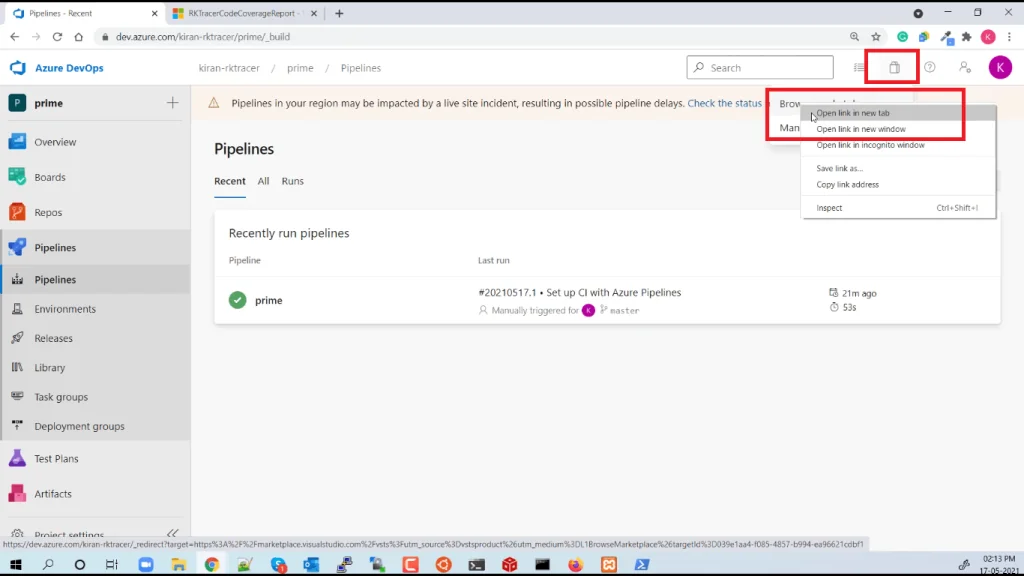 Azure Marketplace page for the RKTracer code coverage plugin, ready to open and install