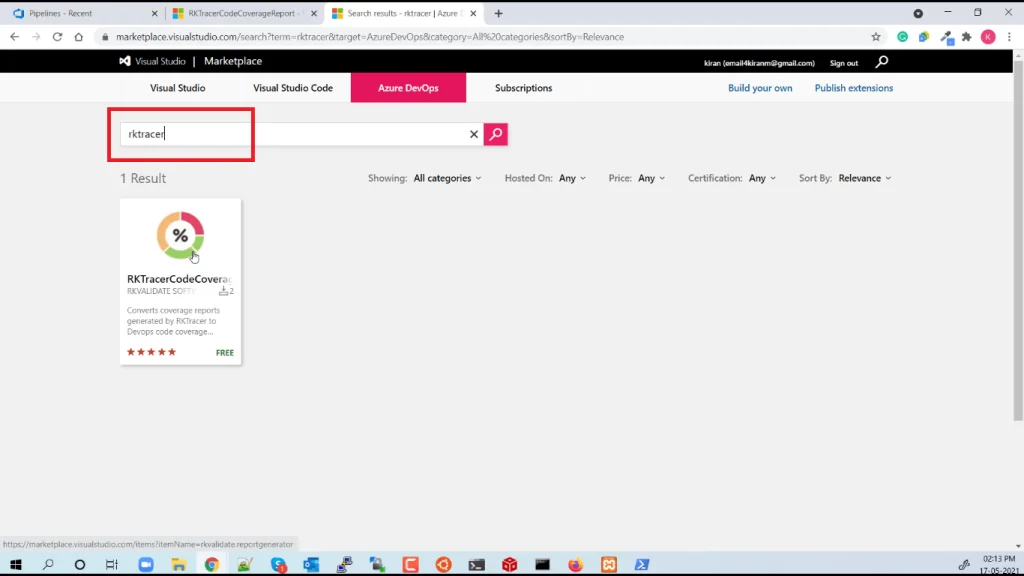 Searching for rktracer in the Azure Marketplace and installing the RKTracer plugin into the organization