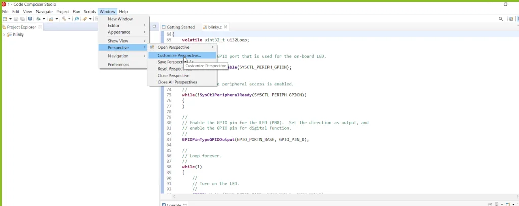 Opening Customize Perspective from the Windows menu in Code Composer Studio to reveal the External Tools