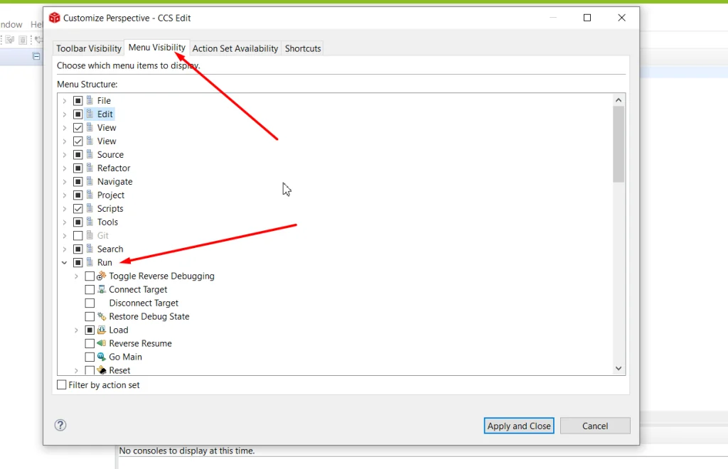 Selecting External Tools under the Run menu on the Menu Visibility tab in Customize Perspective