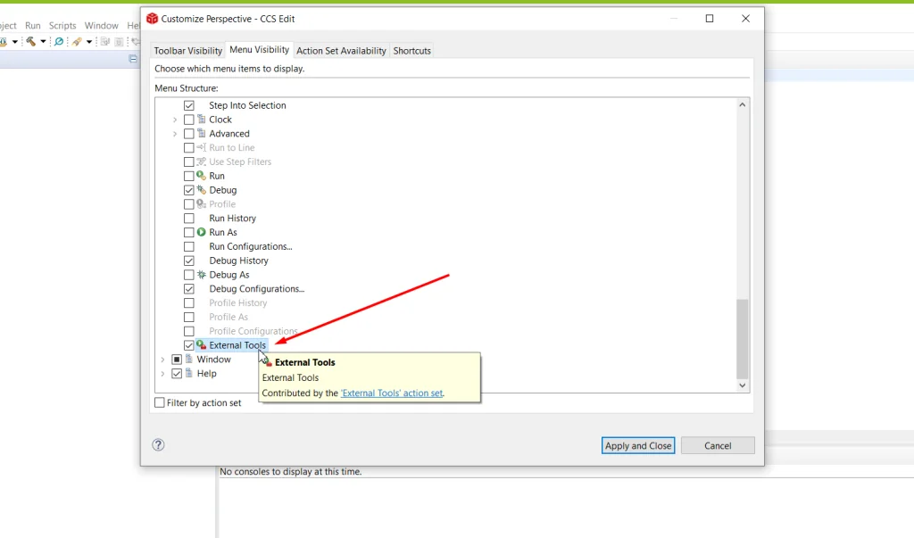 Applying the External Tools visibility changes so RKTracer appears in the Code Composer Studio toolbar and menu