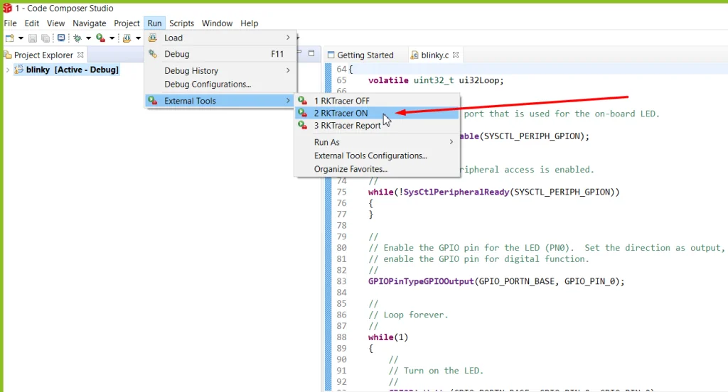 RKTracer ON, OFF and Reports options listed under Run, External Tools in Code Composer Studio