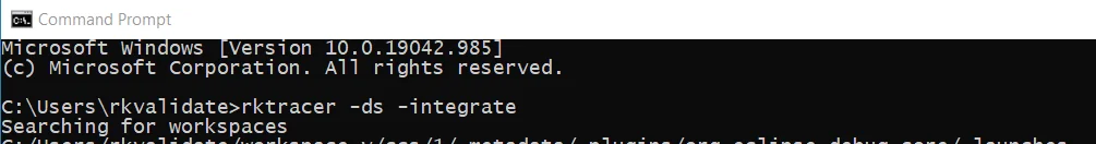 Command prompt running rktracer -ds -integrate to integrate the RKTracer tool with Code Composer Studio