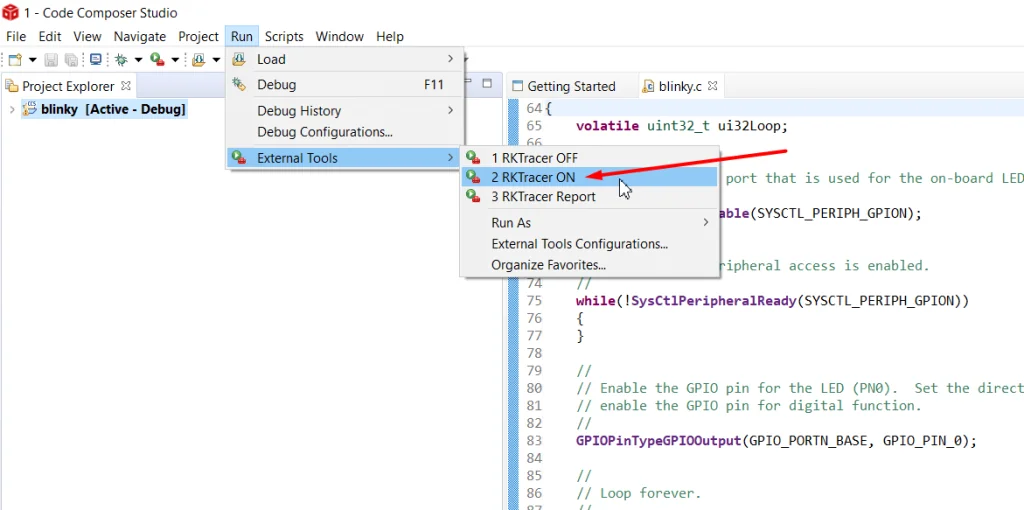 Turning on instrumentation by choosing RKTracer ON from Run, External Tools in Code Composer Studio