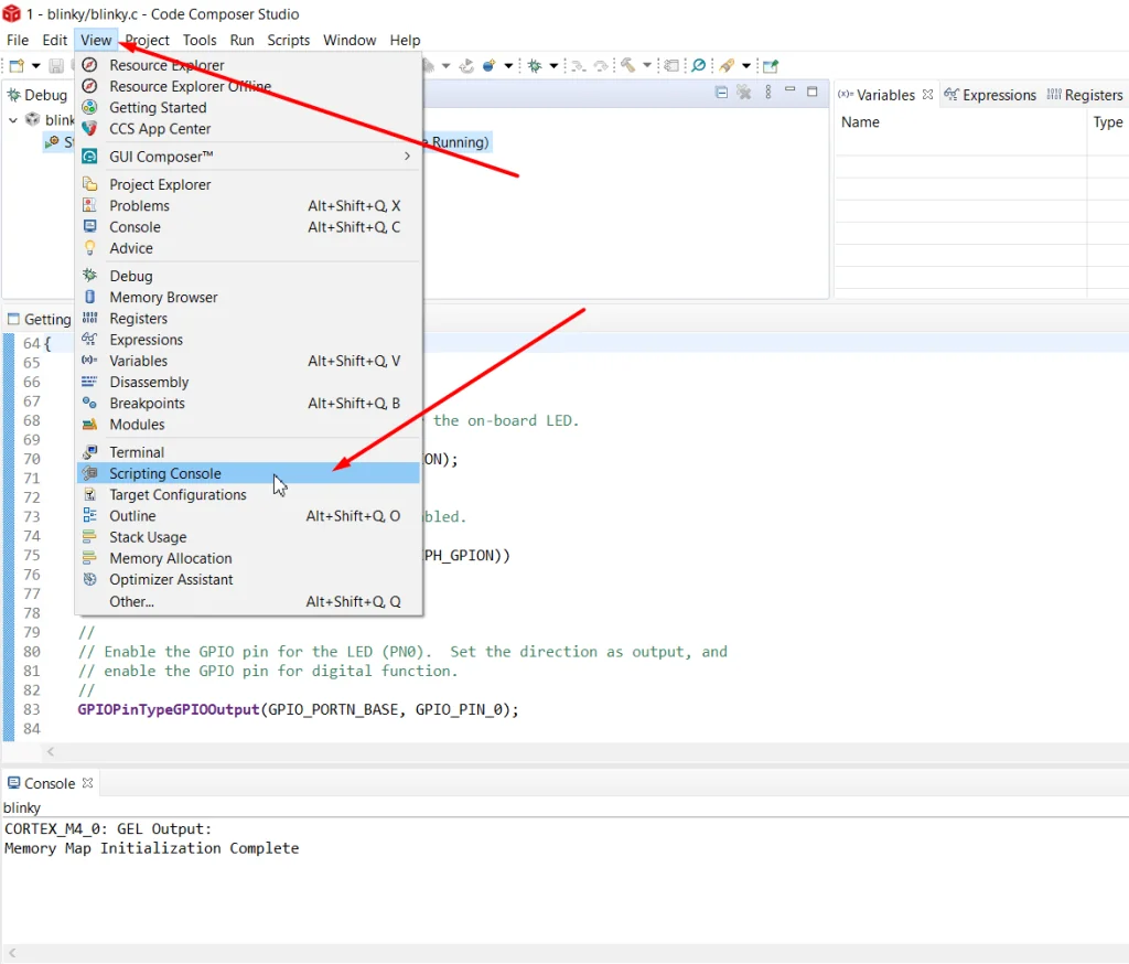 Opening the Scripting Console from the View menu in Code Composer Studio while still in debug mode
