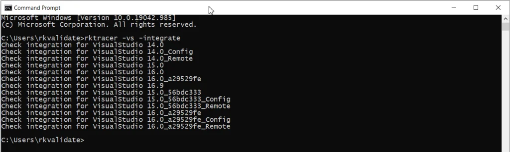 Command prompt running rktracer -vs -integrate to install the RKTracer plugin into Visual Studio