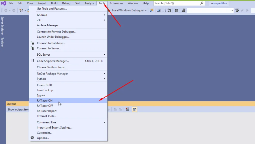 Visual Studio Tools menu with the RKTracer ON option selected to enable coverage instrumentation