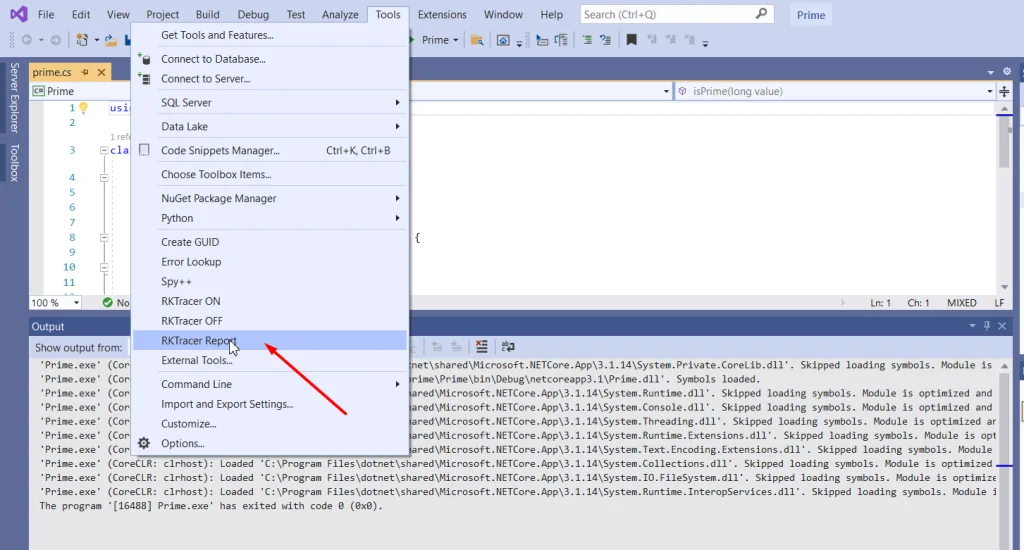 Selecting RKTracer Report from the Visual Studio Tools menu to generate the HTML coverage report