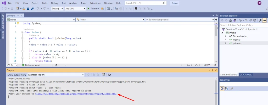 RKTracer HTML code coverage report for the C# application showing per-file coverage results