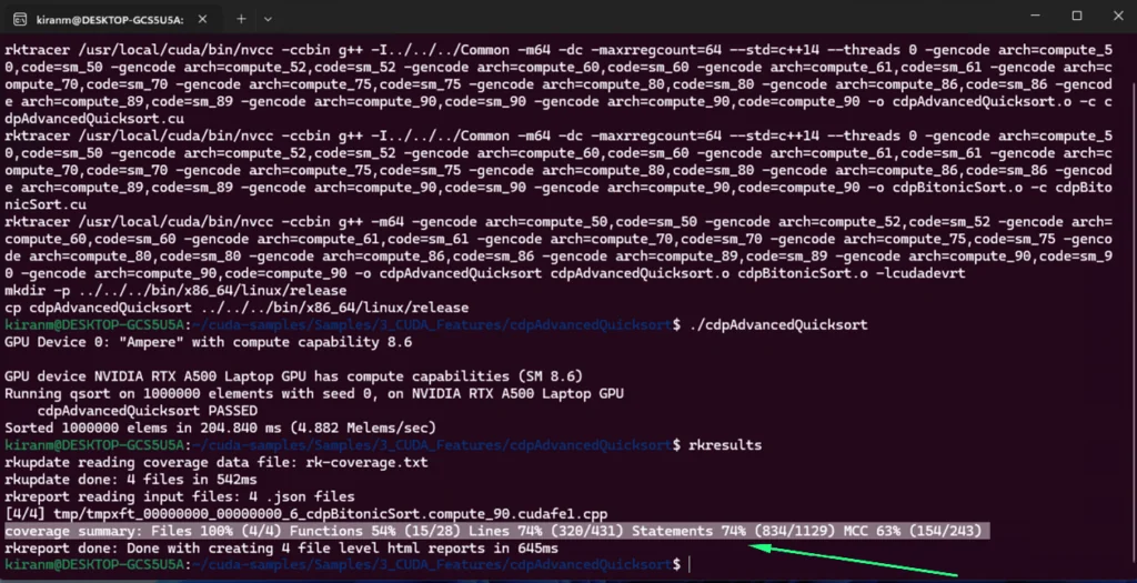 The generated CUDA host and device code coverage report