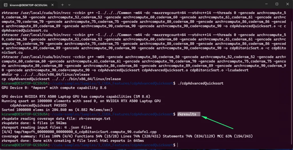 Generating the CUDA coverage report with the rkresults command