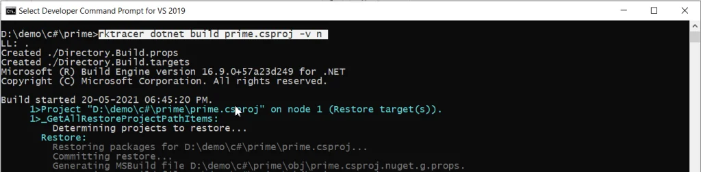 Terminal output of rktracer prefixed to the dotnet build command, cleaning and instrumenting the prime.csproj C# project