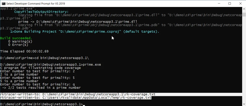 Running functional tests on the instrumented C# application, with RKTracer writing the collected coverage data to the rk-coverage.txt file