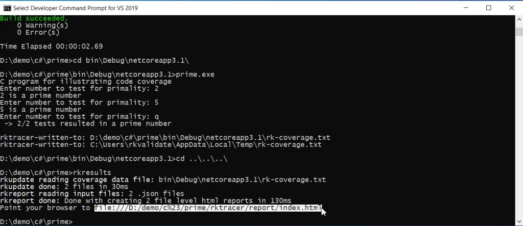 Running the rkresults command in the project root folder to map the rk-coverage.txt data against the instrumentation JSON and build the HTML report