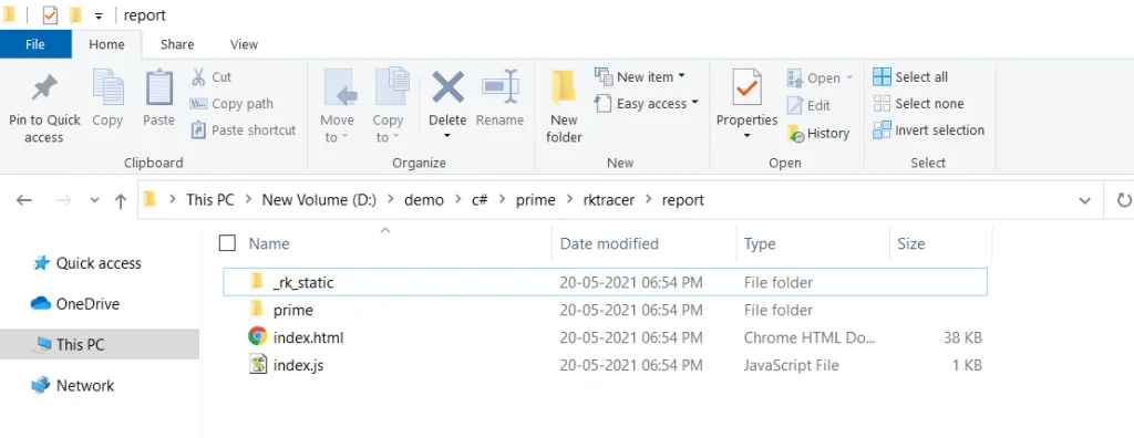 RKTracer HTML code coverage report for the C# dotnet application showing function, line, statement, and multi-condition coverage