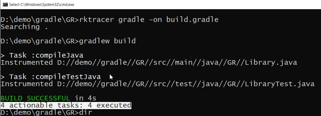 RKTracer instrumenting a Gradle Java build, writing the instrumented prime.java and JSON metadata into the preprocessed directory