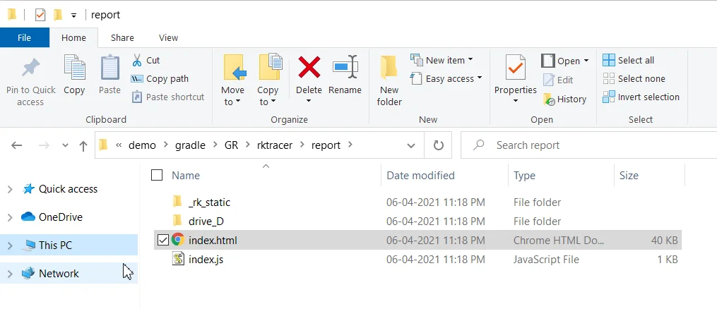 RKTracer HTML coverage report for the Gradle Java application showing function, line, statement and multi-condition coverage