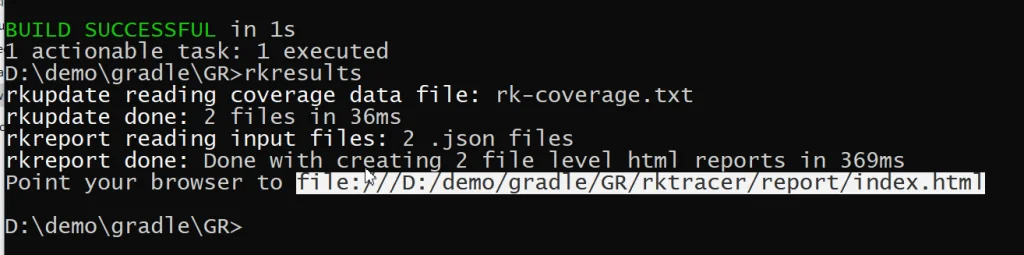 Running the rkresults command against build.gradle in the terminal to generate the RKTracer coverage HTML report