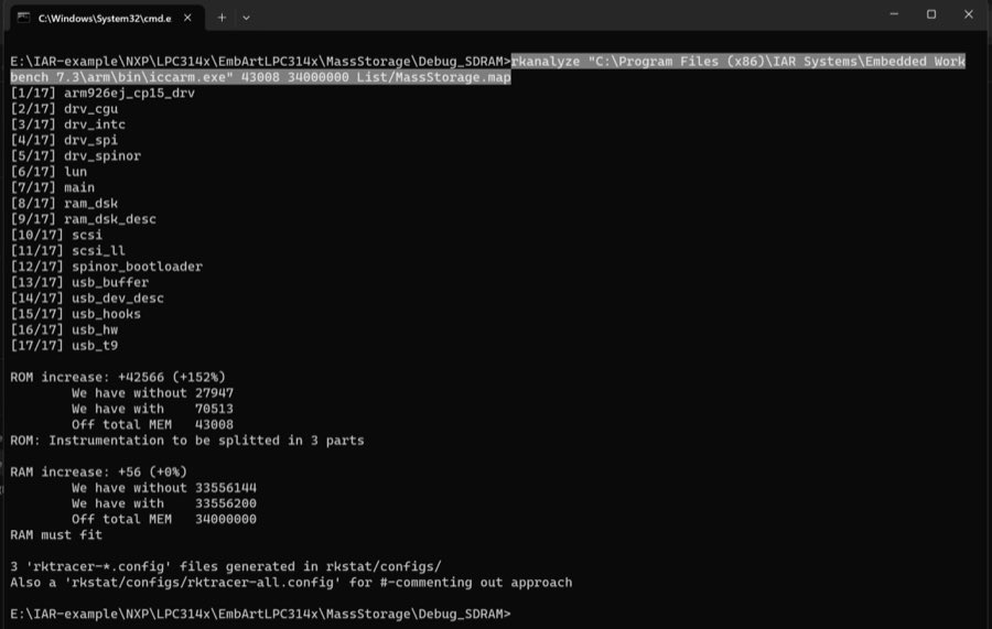 RKTracer rkanalyze memory analysis output sizing instrumented source files for IAR Embedded Workbench