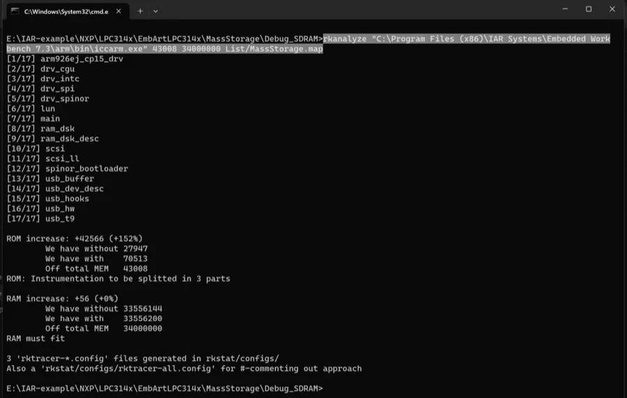 RKTracer rkanalyze memory analysis output sizing instrumented source files for IAR Embedded Workbench