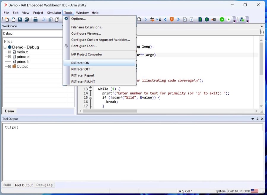 Enabling RKTracer ON from the Tools menu in IAR Embedded Workbench to instrument the build