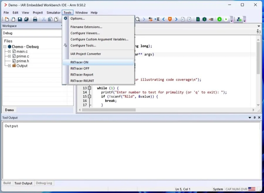 Enabling RKTracer ON from the Tools menu in IAR Embedded Workbench to instrument the build