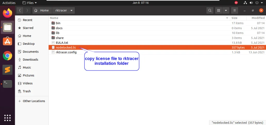 Copying the trial license file into the RKTracer folder on Linux