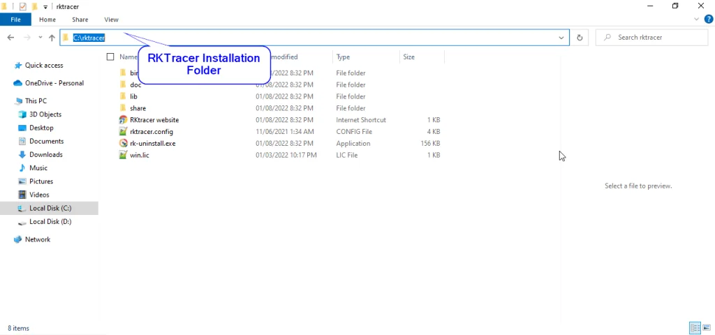 Copying the license file into the RKTracer installation folder on Windows