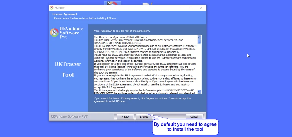 Accepting the RKTracer license agreement in the Windows installer