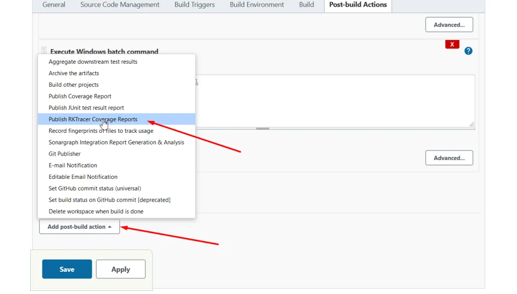 Publishing the RKTracer coverage report in Jenkins, step 1