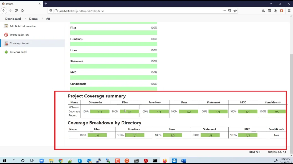 Publishing the RKTracer coverage report in Jenkins, step 4