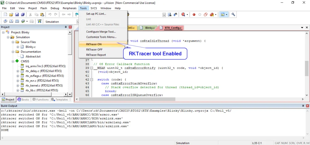Enabling RKTracer ON from the Keil uVision Tools menu to instrument the Arm compiler build