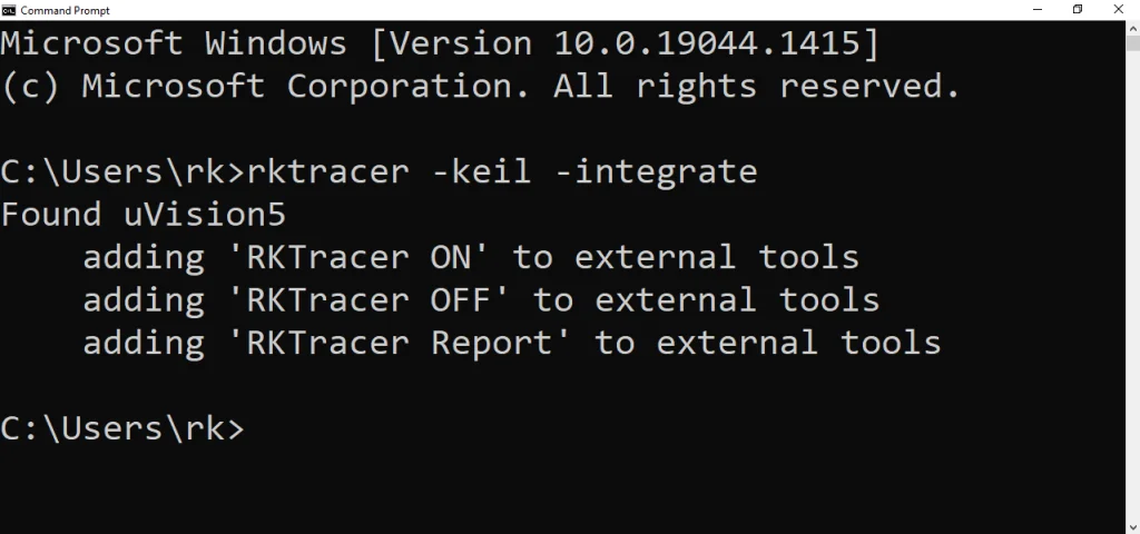 RKTracer integrated with Keil uVision, adding the RKTracer ON, OFF and Report entries to the Tools menu