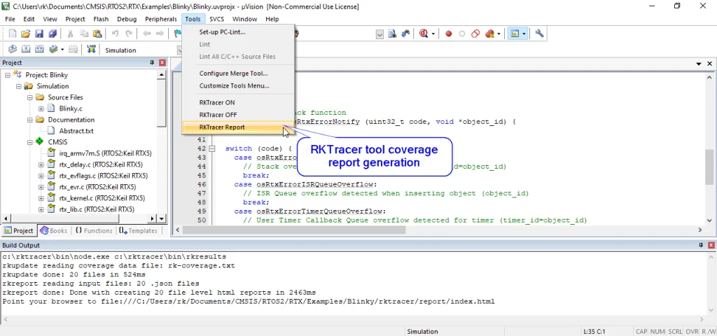 RKTracer Report generating the HTML code coverage reports from the instrumented Keil build