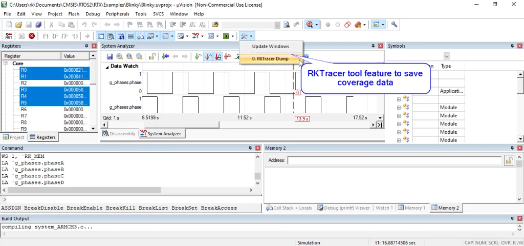 Saving on-target code coverage from the RK_MEM buffer using RKTracer Dump in the Keil uVision debugger