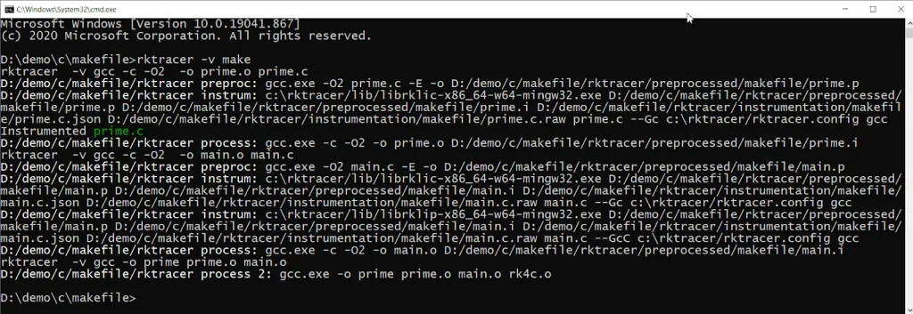 Terminal running rktracer make, showing RKTracer detecting the compiler and instrumenting the Makefile project source files during the build