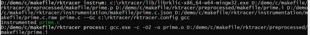 RKTracer instrumenting the preprocessed file with the librklic instrumentor, writing the instrumented output and the metadata JSON files