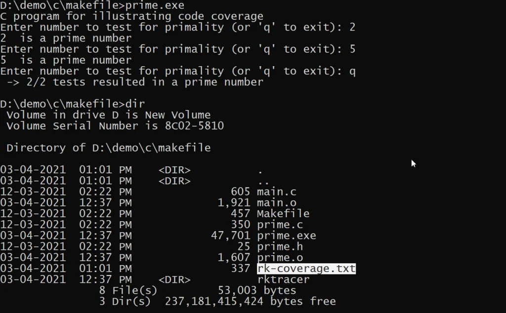 Instrumented Makefile application running its functional tests, with RKTracer capturing coverage data and writing it to the rk-coverage.txt file