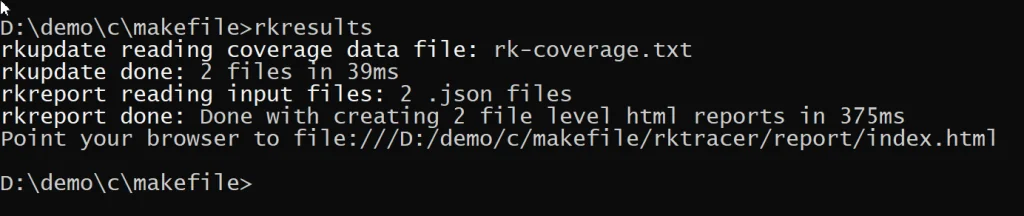 Running the rkresults command in the project root to map the rk-coverage.txt data against the instrumentation JSON files and generate the HTML coverage report